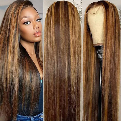 13X4 Highlight Straight 4/27 Ombre HD Transparent Lace Front Wigs Human Hair for Black Women Pre Plucked 200% Density Brazilian Straight Human Hair Wigs with Baby Hair(24Inch, 4/27-Straight)