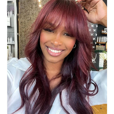 18''Burgundy Color Long Straight Human Hair Machine Made Wigs with Bangs None Lace Front Wigs 100% Brazilian Human Hair Wine Red Wig for Women 150% Density