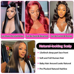 Straight Lace Front Wigs Human Hair 13X4 HD Transparent Lace Frontal Human Hair Wigs for Black Women Brazilian Glueless Wigs Hair Lace Frontal Wig 180% Density Pre Plucked with Baby Hair (28 Inch)