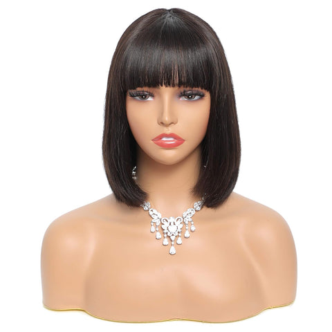 Short Human Hair Bob Wigs with Bangs 14Inch 10A Brazilian Straight Bob Wigs for Black Women Human Hair Glueless Machine Made Soft Bob Bang Wigs 150% Density (14Inch, Natural Black)