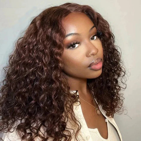 200% Density #4 Dark Brown Bob Wigs Water Wave 13x4 Lace Frontal Wigs Brazilian Human Hair Pre Plucked HD Transparent Lace Wig