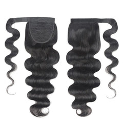 Natural Black Body Wave Real Human Hair Ponytail Extension Wrap Around Long Clip in Wavy