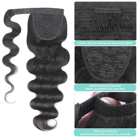 Natural Black Body Wave Real Human Hair Ponytail Extension Wrap Around Long Clip in Wavy