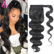 Natural Black Body Wave Real Human Hair Ponytail Extension Wrap Around Long Clip in Wavy