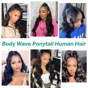 Natural Black Body Wave Real Human Hair Ponytail Extension Wrap Around Long Clip in Wavy