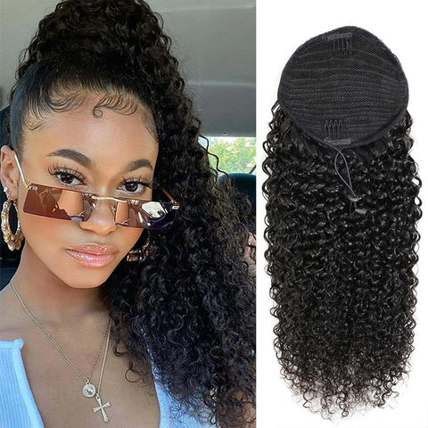 Curly Drawstring Ponytail Human Hair Extensions Curly Drawstring Ponytail for Black Women Remy Grade Brazilian Clip In Pony #1B