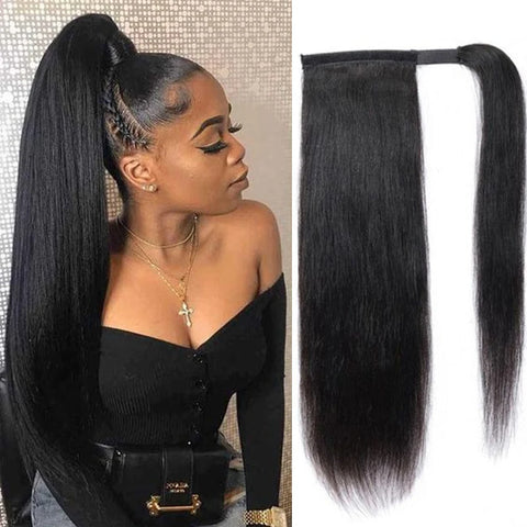 Straight Ponytail  Wrap Around Clip In Brazilian Human Hair Extension 10 To 32 Inches