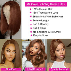 180% Color #4 Dark Brown Bob Wigs Straight 13x4 Lace Front Wig Free Part 8-16 Indian Human Hair Pre-plucked For Woman