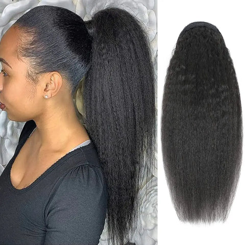 26" Natural Kinky Straight Brazilian Ponytail Human Hair Drawstring