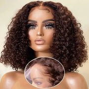 200% Density #4 Dark Brown Bob Wigs Water Wave 13x4 Lace Frontal Wigs Brazilian Human Hair Pre Plucked HD Transparent Lace Wig