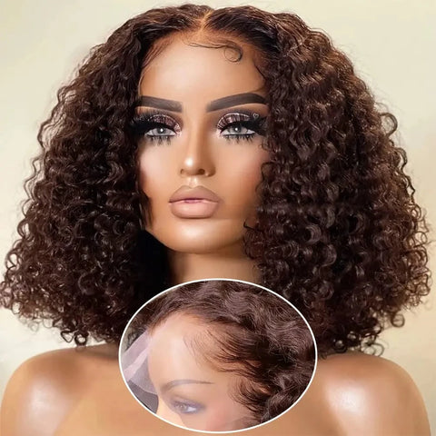 200% Density #4 Dark Brown Bob Wigs Water Wave 13x4 Lace Frontal Wigs Brazilian Human Hair Pre Plucked HD Transparent Lace Wig