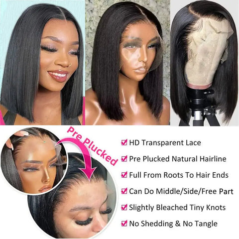 4X4 Straight Short Bob Wig Closure Brazilian Remy Human Hair 180% 13X4 Lace Front Wig Pre-Plucked