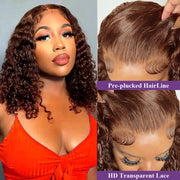 200% Density #4 Dark Brown Bob Wigs Water Wave 13x4 Lace Frontal Wigs Brazilian Human Hair Pre Plucked HD Transparent Lace Wig