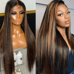 10A Highlight Brown Straight Lace Front T Part Wigs Human Hair for Black Women Brazilian Virgin Hair Ombre Blonde Frontal Wigs Middle Part Pre Plucked with Baby Hair 150% Density 14 Inch