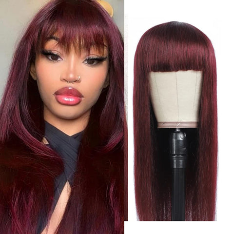 18''Burgundy Color Long Straight Human Hair Machine Made Wigs with Bangs None Lace Front Wigs 100% Brazilian Human Hair Wine Red Wig for Women 150% Density