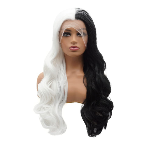 Hair Synthetic Lace Front Wig Wavy Long 24Inch Half Black Half White Mix Heavy Density Heat Resistant Realistic Wig