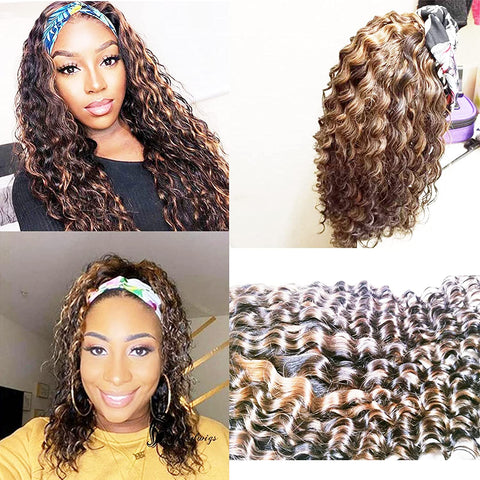 Hair Ombre Headband Wig Human Hair Water Wave Highlight Glueless Brazilian Virgin Full Machine Made Headband Wigs for Black Women Wet and Wavy None Lace Front Wig P4/27 Wear and Go 24Inch