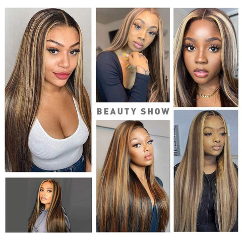 13X4 Highlight Straight 4/27 Ombre HD Transparent Lace Front Wigs Human Hair for Black Women Pre Plucked 200% Density Brazilian Straight Human Hair Wigs with Baby Hair(24Inch, 4/27-Straight)