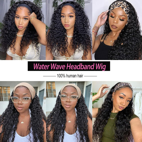 18 Inch Water Wave Headband Wig Human Hair Short Curly Bob Headband Wigs for Black Women Brazilian Water Wave None Lace Front Wigs Human Hair Glueless Machine Made Wigs Natural Color 150% Density