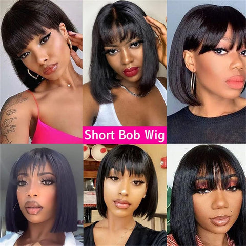 Bob Wig With Bangs Human Hair Wigs Glueless Wigs Straight Bob Wigs with Bangs 3 * 1 Transparent Lace Bob Wigs for Women 10Inch