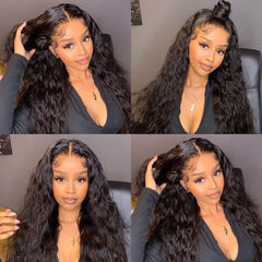 Hair Glueless 13X4 Synthetic Lace Front Wigs with Baby Hair Long Loose Curly Wigs for Black Women 180% Density Heat Resistant Fiber Natural Black Color Water Wave Wig(1B 24Inch)