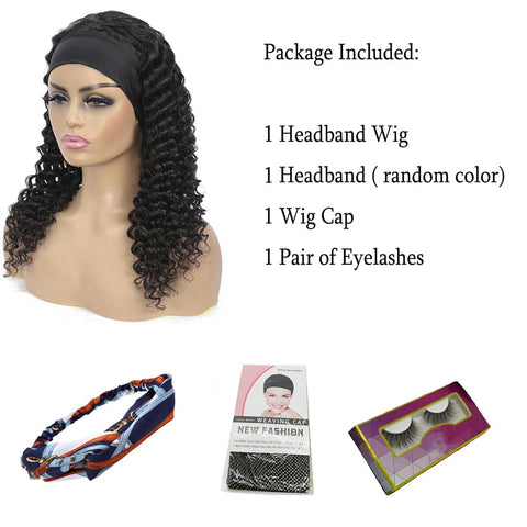 Headband Wig Human Hair Deep Wave 14 Inch Wigs for Black Women Glueless None Lace Front Curly Wave Wig Brazilian Virgin Hair Wear and Go Wigs Machine Made 150% Density Wigs Natural Color