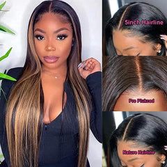 10A Highlight Brown Straight Lace Front T Part Wigs Human Hair for Black Women Brazilian Virgin Hair Ombre Blonde Frontal Wigs Middle Part Pre Plucked with Baby Hair 150% Density 14 Inch