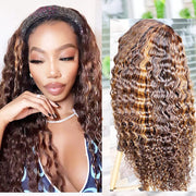 Hair Ombre Headband Wig Human Hair Water Wave Highlight Glueless Brazilian Virgin Full Machine Made Headband Wigs for Black Women Wet and Wavy None Lace Front Wig P4/27 Wear and Go 24Inch