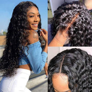 Deep Wave 13X4 Lace Front Wigs, Human Hair for Black Women, 150% Density Brazilian Hair Curly Wigs, Pre-Plucked (22 Inch, Natural Black, Deep Wave)