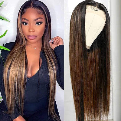 10A Highlight Brown Straight Lace Front T Part Wigs Human Hair for Black Women Brazilian Virgin Hair Ombre Blonde Frontal Wigs Middle Part Pre Plucked with Baby Hair 150% Density 14 Inch