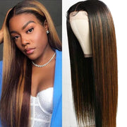 10A Highlight Brown Straight Lace Front T Part Wigs Human Hair for Black Women Brazilian Virgin Hair Ombre Blonde Frontal Wigs Middle Part Pre Plucked with Baby Hair 150% Density 14 Inch