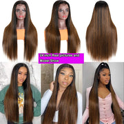 10A Highlight Brown Straight Lace Front T Part Wigs Human Hair for Black Women Brazilian Virgin Hair Ombre Blonde Frontal Wigs Middle Part Pre Plucked with Baby Hair 150% Density 14 Inch