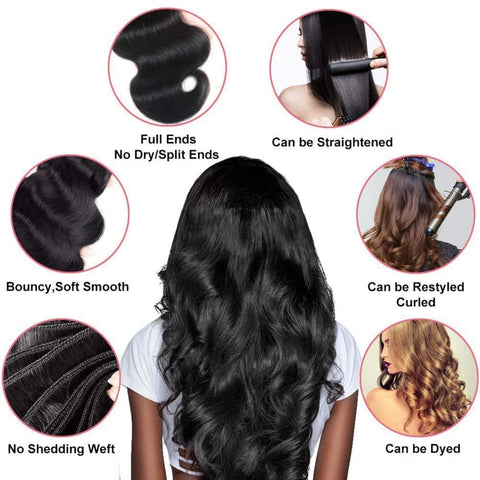 Brazilian Body Wave 12A Human Hair Bundles with Closure (30 30 30 +24) 3 Bundles with Frontal 4X4 Free Part Lace Closure Black Weave Bundles Human Hair 100% Unprocessed Extensions Hair Natural Color