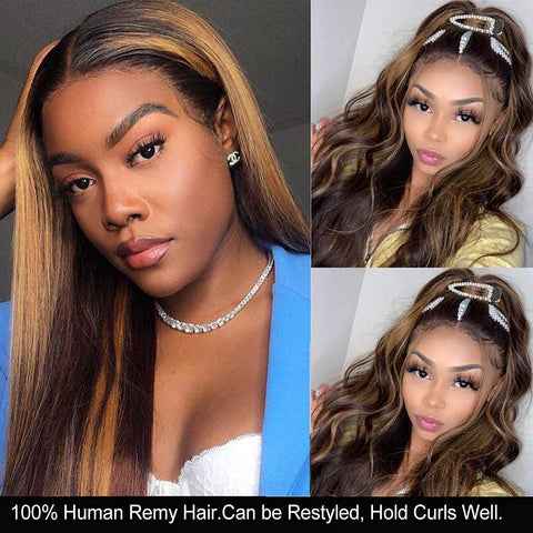 10A Highlight Brown Straight Lace Front T Part Wigs Human Hair for Black Women Brazilian Virgin Hair Ombre Blonde Frontal Wigs Middle Part Pre Plucked with Baby Hair 150% Density 14 Inch