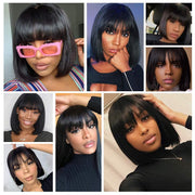 Short Human Hair Bob Wigs with Bangs 14Inch 10A Brazilian Straight Bob Wigs for Black Women Human Hair Glueless Machine Made Soft Bob Bang Wigs 150% Density (14Inch, Natural Black)