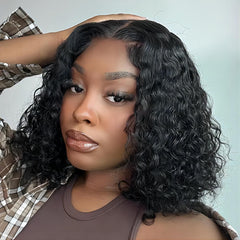 Hair Wear and Go Glueless Wigs Bob Wigs Human Hair Pre Plucked Water Wave Lace Front Wigs Human Hair Upgraded No Glue Transparent Lace Closure Wigs Human Hair for Women Natural Black 10 Inch