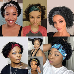 Short Curly Headband Wig Human Hair Wigs for Women Pixie Cut Kinky Curly Bob Glueless Half Wigs 150% Density Natural Black 6 Inch