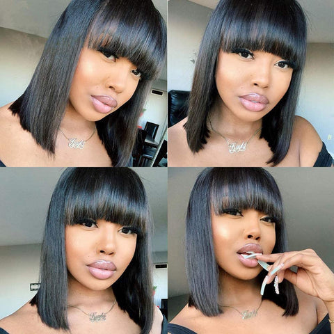 Short Human Hair Bob Wigs with Bangs 14Inch 10A Brazilian Straight Bob Wigs for Black Women Human Hair Glueless Machine Made Soft Bob Bang Wigs 150% Density (14Inch, Natural Black)