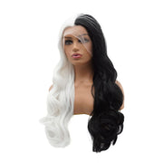 Hair Synthetic Lace Front Wig Wavy Long 24Inch Half Black Half White Mix Heavy Density Heat Resistant Realistic Wig